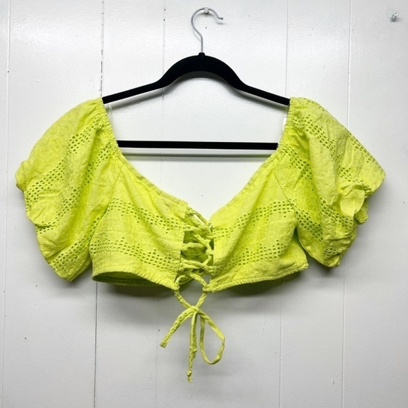 Wild Fable Lime Green Eyelet Lace Up Coquette Cropped Top Medium Puff Sleeves - Picture 6 of 11